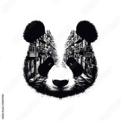 silhouette of panda filled with ghetto street in rough drawing,