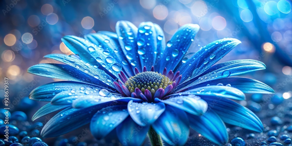 Obraz premium Azure Bloom Dew-Kissed Petals Against a Bokeh Background, flower , blue , macro , nature