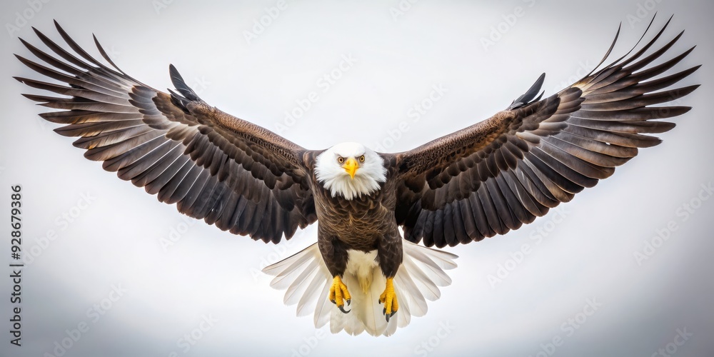 Fototapeta premium Bald Eagle in Flight - Wings Spread Wide, White Background , Eagle, Bird, Feathers , Wildlife