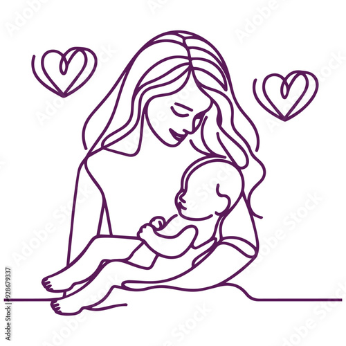 parent and baby, a mother with baby, Mother's Day, love you mom, vector illustration outline, line art.