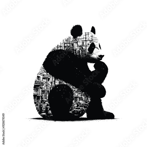silhouette of panda posefilled with ghetto street in rough drawing,