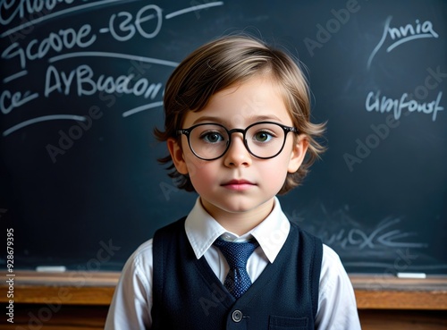 Young child, wearing glasses, role-playing as a teacher in front of a small chalkboard