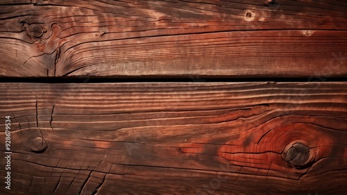 Photorealistic close-up image of a detailed redwood wood plank with cracks and fibers, generated by AI photo