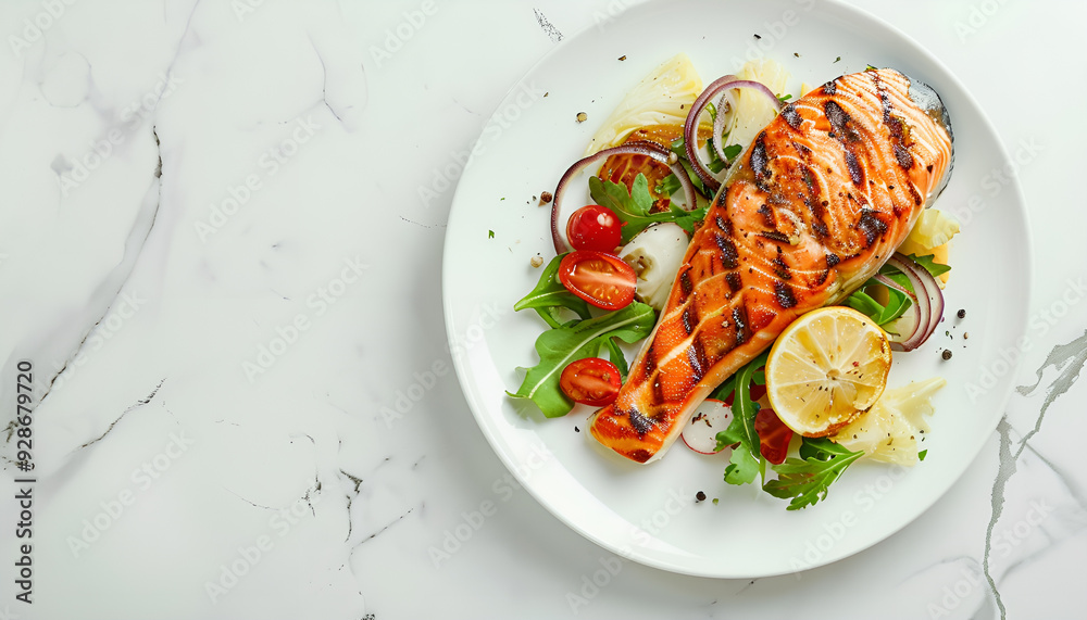 Grilled Salmon steak and fresh vegetable salad with a lemon over white marble background. Healty food concept. Top view with copy space