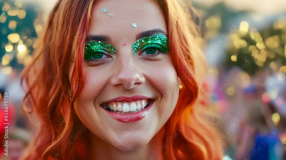 Red-haired woman with glitter face paint enjoying a vibrant music festival Red-haired woman with glitter face paint enjoying a vibrant music festival