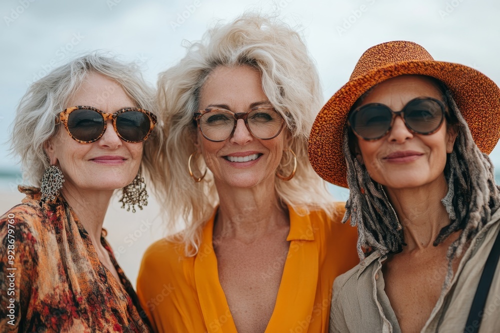 a photo of three diverse middle-aged mature women in modern stylish clothes smiling, on a vacation at the seaside or beach, mature friendship, Generative AI a photo of three diverse middle-aged mature women in modern stylish clothes smiling, on a vacation at the seaside or beach, mature friendship, Generative AI