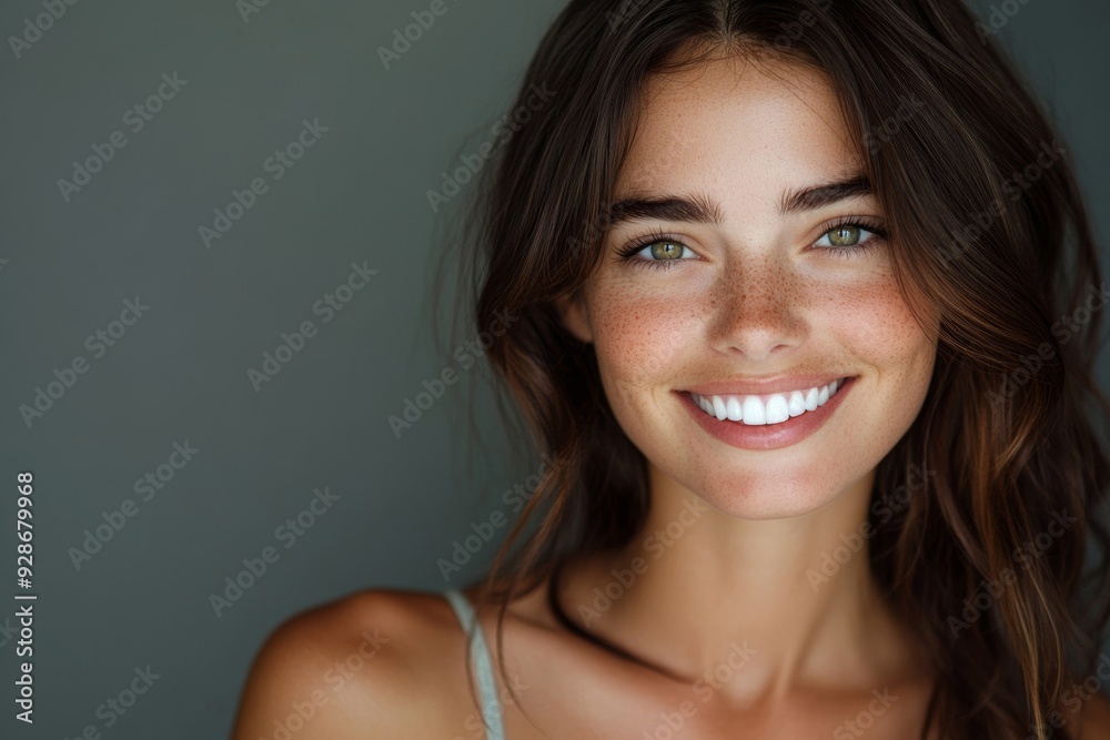 Big bright white smile headshot with a beautiful brunette woman sincere happy cheerful positive expression, Generative AI Big bright white smile headshot with a beautiful brunette woman sincere happy cheerful positive expression, Generative AI