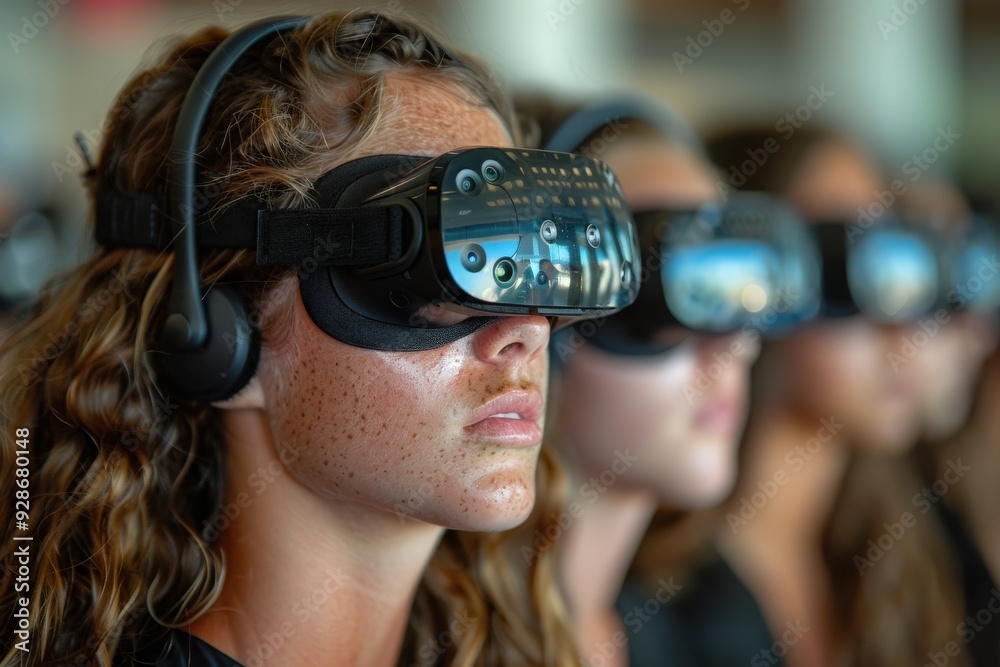 A group of individuals wearing VR headsets, fully immersed in a virtual reality session, highlighting the use of advanced technology for interactive and immersive experiences in a shared setting. A group of individuals wearing VR headsets, fully immersed in a virtual reality session, highlighting the use of advanced technology for interactive and immersive experiences in a shared setting.