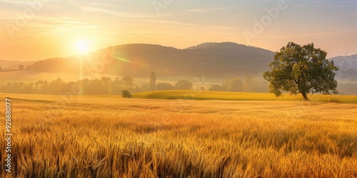 Breathtaking sunrise over golden fields with distant hills and a solitary tree, capturing the essence of serene nature.