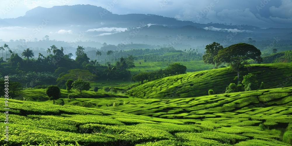 Fototapeta premium Breathtaking view of lush green tea plantation hills under a cloudy sky, showcasing the beauty of nature and tranquility.