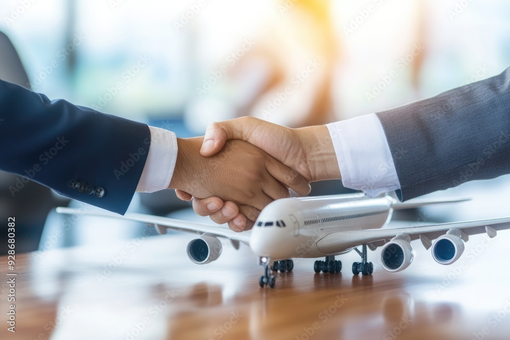business people handshaking with an airplane model in the background business people handshaking with an airplane model in the background