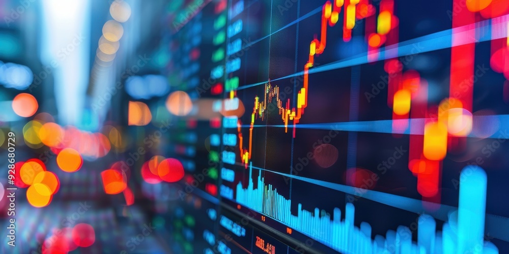 Fototapeta premium Close-up of a stock market chart displaying fluctuating trends, capturing the dynamic nature of financial investment activities.