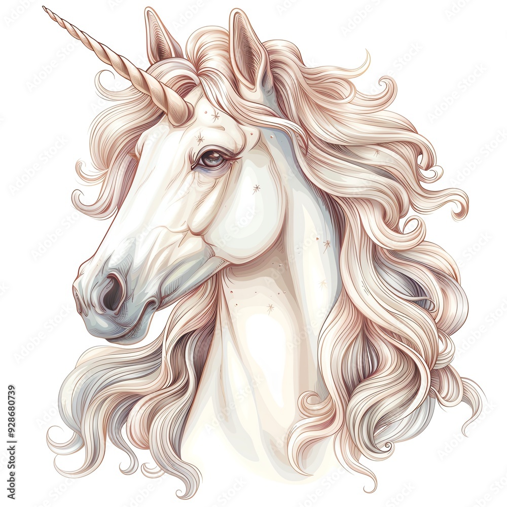 A beautiful, white unicorn with a long, flowing mane and a single horn, against a white background. A beautiful, white unicorn with a long, flowing mane and a single horn, against a white background.
