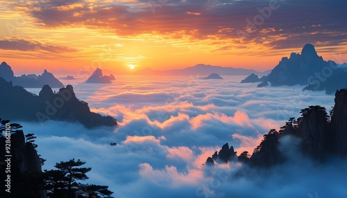 The morning glow reflects on the clouds of clouds and mountains, showing a peaceful and dreamy natural landscape.