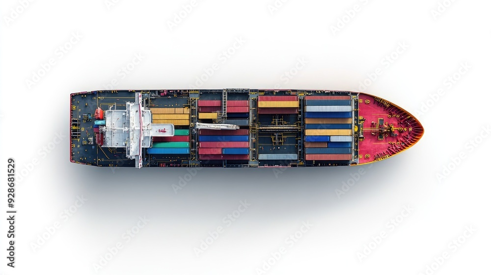 Container ship top-down view, maritime logistics, detailed and accurate, isolated on white background Container ship top-down view, maritime logistics, detailed and accurate, isolated on white background
