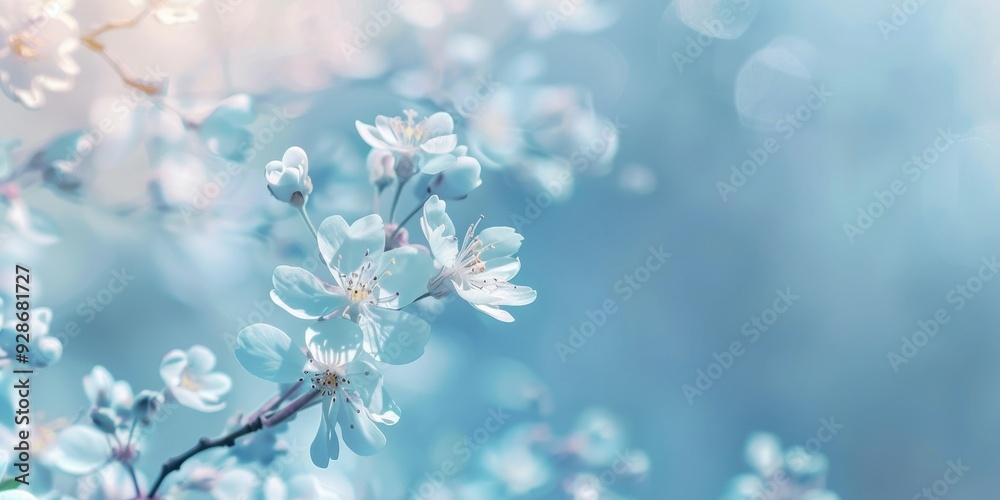 Delicate blossoms on a branch with a soft blue background, creating a serene and tranquil atmosphere in springtime.