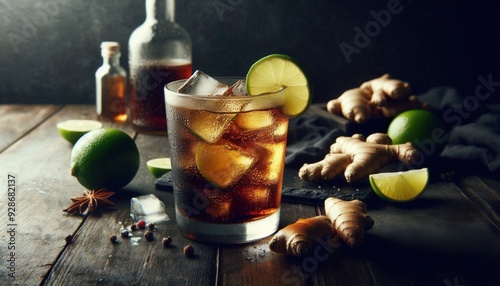 a glass of Dark 'n Stormy  with ingredients on the table photo