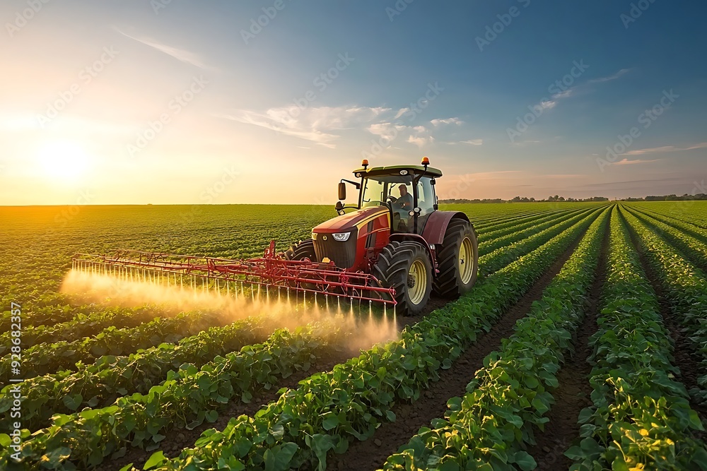 Tractor spraying pesticides on soybean field with sprayer at spring Tractor spraying pesticides on soybean field with sprayer at spring
