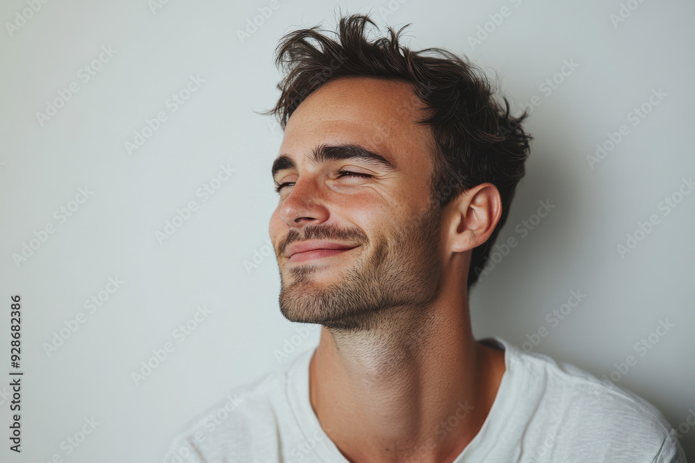 A close up of a man's face with his eyes closed