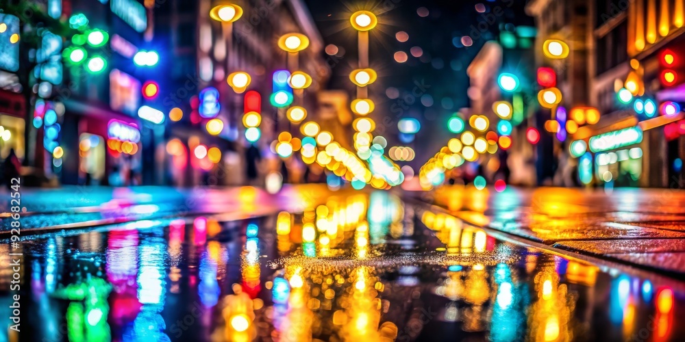 City Lights Reflected in Puddles, urban, night photography, bokeh, reflection City Lights Reflected in Puddles, urban, night photography, bokeh, reflection