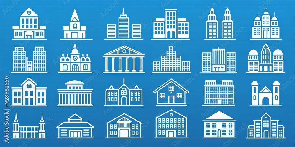 Cityscape Building Icon Set - Line Art, Blue Background, White Buildings, Architecture , cityscape , building , icon Cityscape Building Icon Set - Line Art, Blue Background, White Buildings, Architecture , cityscape , building , icon