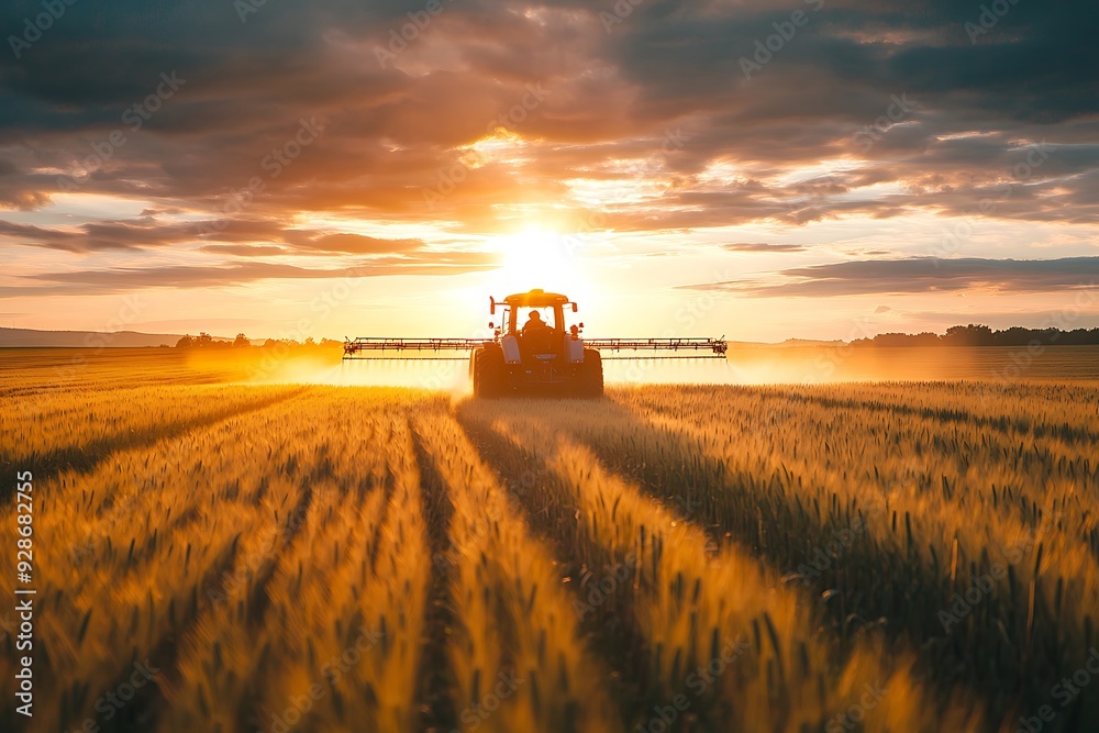 Fototapeta premium Tractor spraying pesticides on soybean field with sprayer at spring