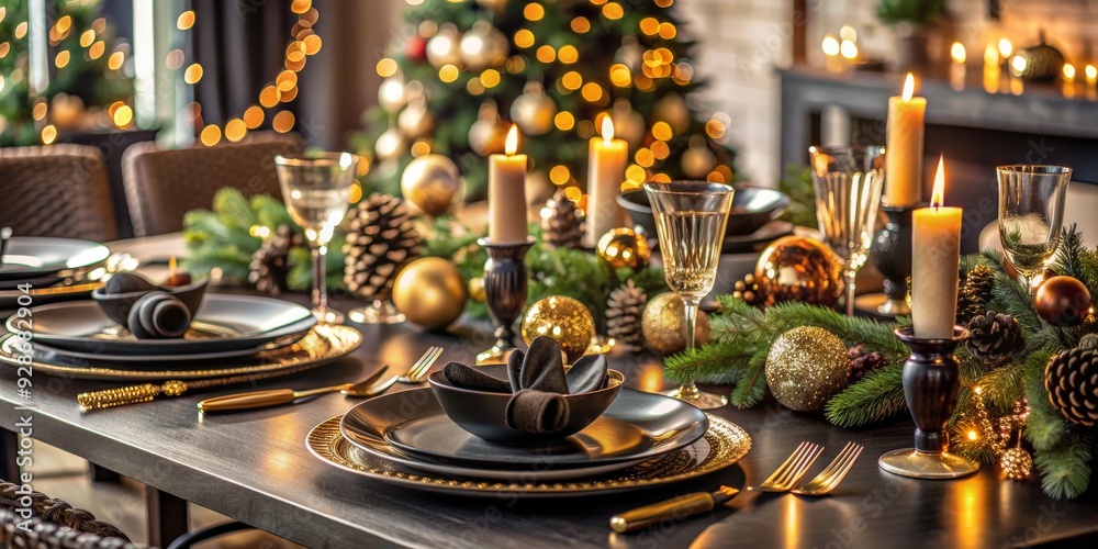 Close-up of a Festive Table Setting with Candles, Gold Accents, and Evergreen Garland, Christmas, Holiday Decor, Table Setting, Festive Table Close-up of a Festive Table Setting with Candles, Gold Accents, and Evergreen Garland, Christmas, Holiday Decor, Table Setting, Festive Table