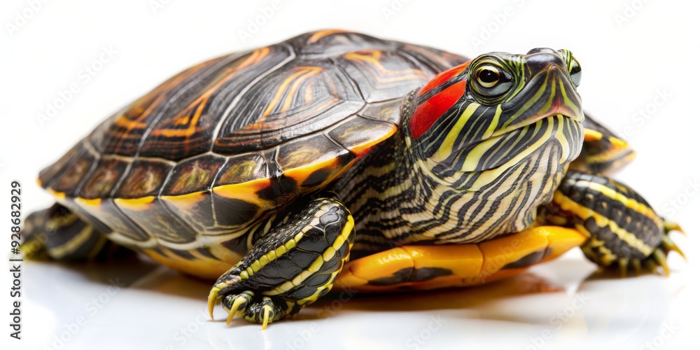 Close-Up of a Red-Eared Slider Turtle with Vibrant Shell Patterns, Isolated on White Background, Reptile, Turtle, Pet, Wildlife, Close-Up of a Red-Eared Slider Turtle with Vibrant Shell Patterns, Isolated on White Background, Reptile, Turtle, Pet, Wildlife,