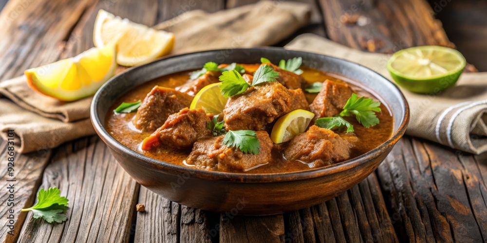 Close-up of a Rustic Bowl with Beef Curry, Garnishes of Parsley and Lemon, wooden background, Curry, Beef, Indian Cuisine, Spices Close-up of a Rustic Bowl with Beef Curry, Garnishes of Parsley and Lemon, wooden background, Curry, Beef, Indian Cuisine, Spices