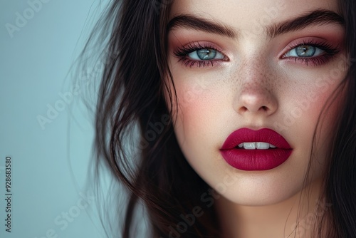 Portrait of beautiful young woman with bright maroon makeup. Beautiful brunette with bright cherry lipstick on her lips. Pretty girl with long black hair. Brunette with brightly colored, Generative AI