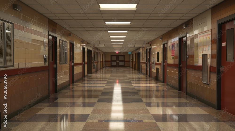 Naklejka premium Empty School Hallway with Tiled Walls and Checkerboard Floor