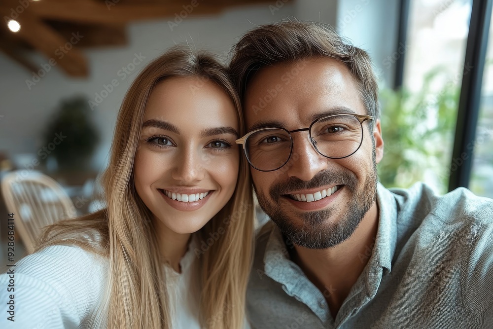 Photo of positive man woman business selfie wear formal outfit in workplace workstation, Generative AI