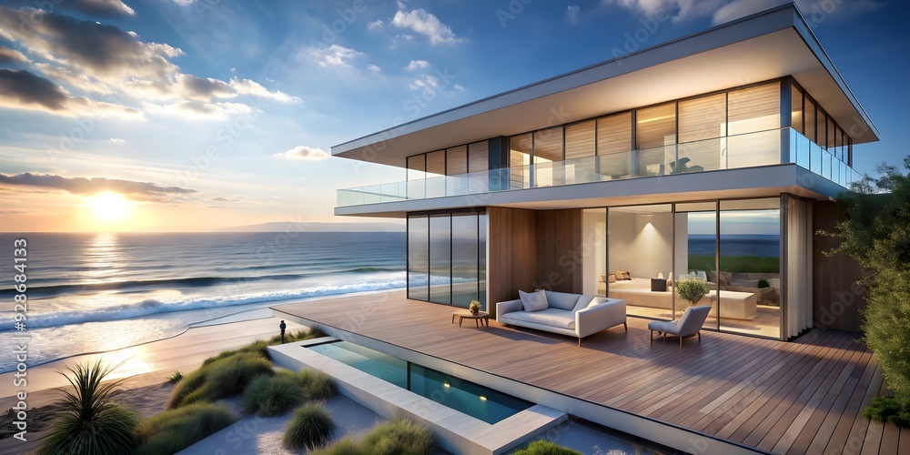 Fototapeta premium Modern beach house with stunning sea view, rendering, beach, living, sea view, ocean, view, modern, house, home, architecture