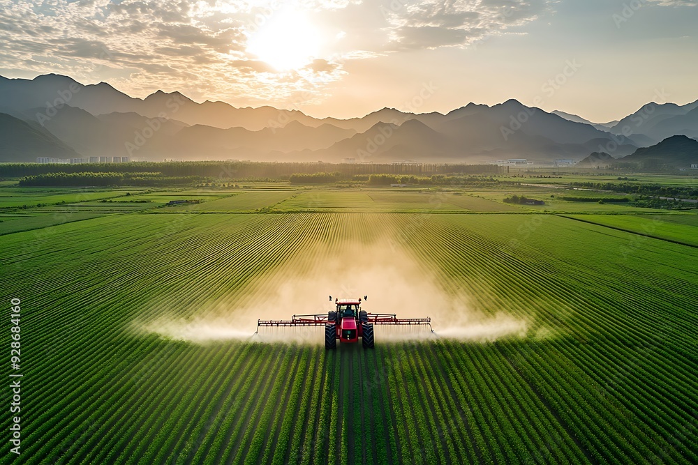 Fototapeta premium Tractor spraying pesticides on soybean field with sprayer at spring