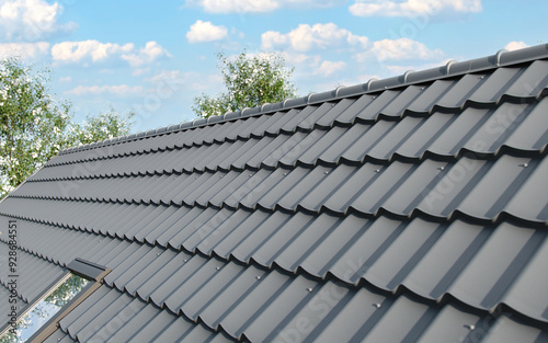 Close-up house roof with steel roofing sheet. Gray modular tile effect roof panel. Traditional metal shingle tiles. Profiled metallic corrugated pantile as clay or concrete slate. Building's covering