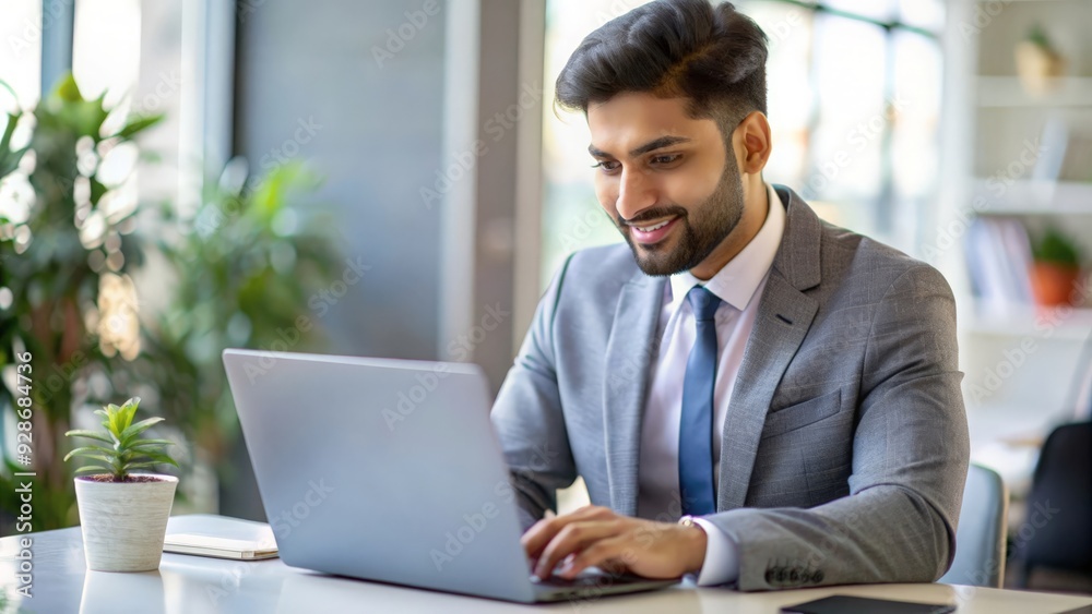 An Indian insurance agent confidently working on a laptop in an office setting.
An Indian insurance agent confidently working on a laptop in an office setting.