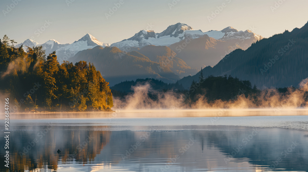 Fototapeta premium Dawn landscape with mountain lake surrounded by forest overlooking snowy mountains