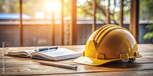 Construction Safety Yellow Hard Hat, Book, and Pencil on a Wooden Table, construction, safety, engineer, helmet