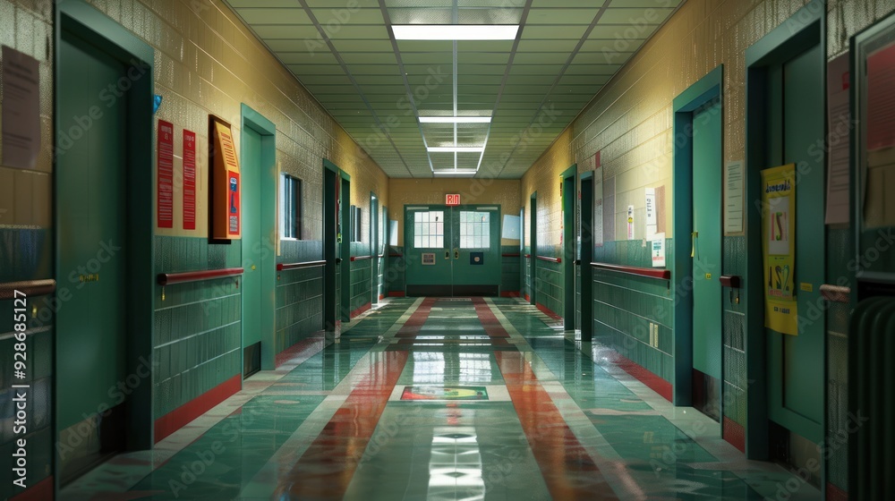 Wet School Hallway with Green Tiled Walls and Doors Wet School Hallway with Green Tiled Walls and Doors