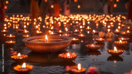 Bowl of oil lamps floating on river during Diwali celebration in India