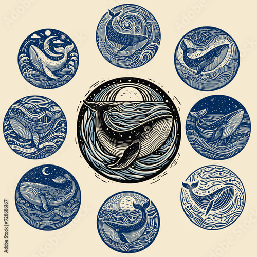 Intricate Whale Illustrations in Circular Format: Woodcut & Modern Line Art, Blue & Beige Palette. Central Whale Surrounded by Detailed Oceanic Scenes Under Moonlight & Stars