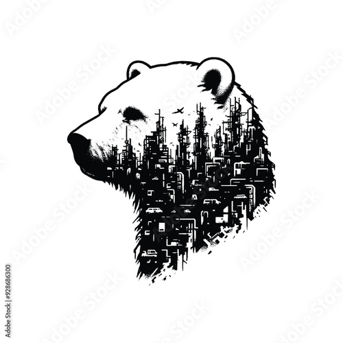 silhouette of Polar bear filled with destroyed futuristic dystopia environment in rough drawing,