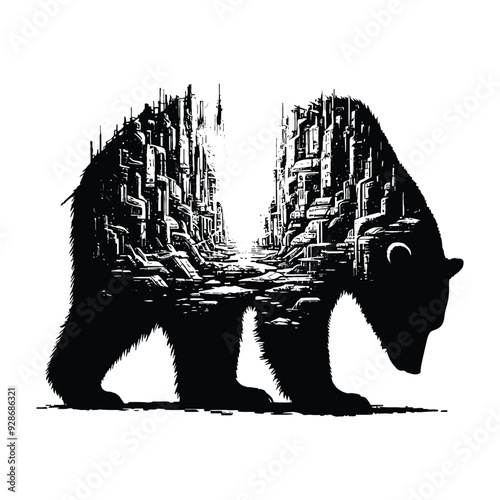 silhouette of Polar bear posefilled with destroyed futuristic dystopia environment in rough drawing,