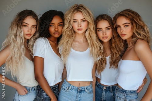 Group of five beautiful diverse young women wearing white shirt and denim jeans posing together isolated over grey background, Generative AI