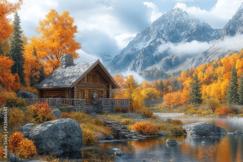 Cozy Cabin Nestled Amidst Autumnal Colors and Majestic Mountains