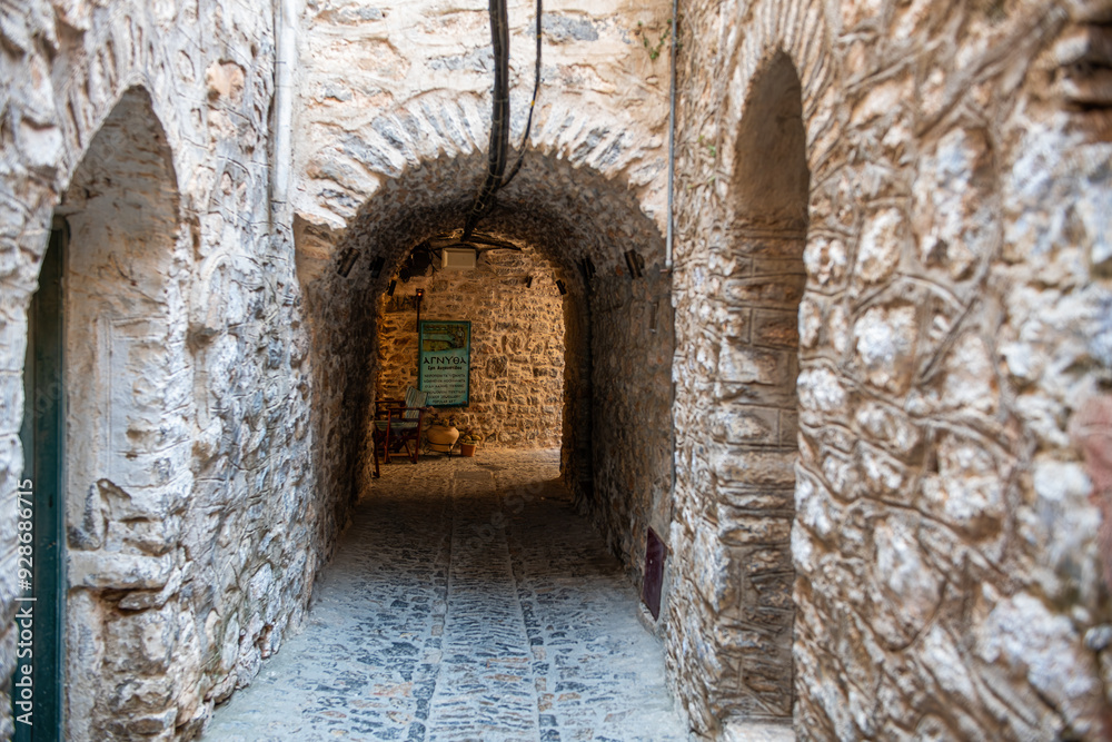 The old village of Mesta is one of the main Mastihochoria villages in Chios, Greece.Chios stone houses, streets.