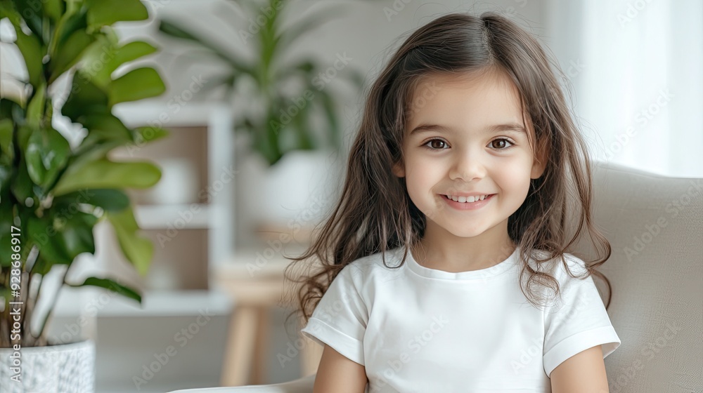 A cheerful child with curly hair stands proudly in a warm, cozy room, showcasing a plain white t-shirt mockup against a backdrop of wooden furniture A cheerful child with curly hair stands proudly in a warm, cozy room, showcasing a plain white t-shirt mockup against a backdrop of wooden furniture