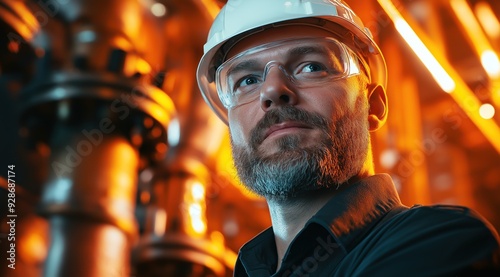 Portrait d'un homme séduisant et souriant, d'âge moyen, travaillant dans l'industrie lourde portant un casque et des lunettes de sécurité.