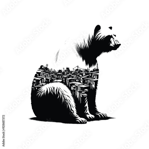 silhouette of Polar bear posefilled with ghetto street in rough drawing,