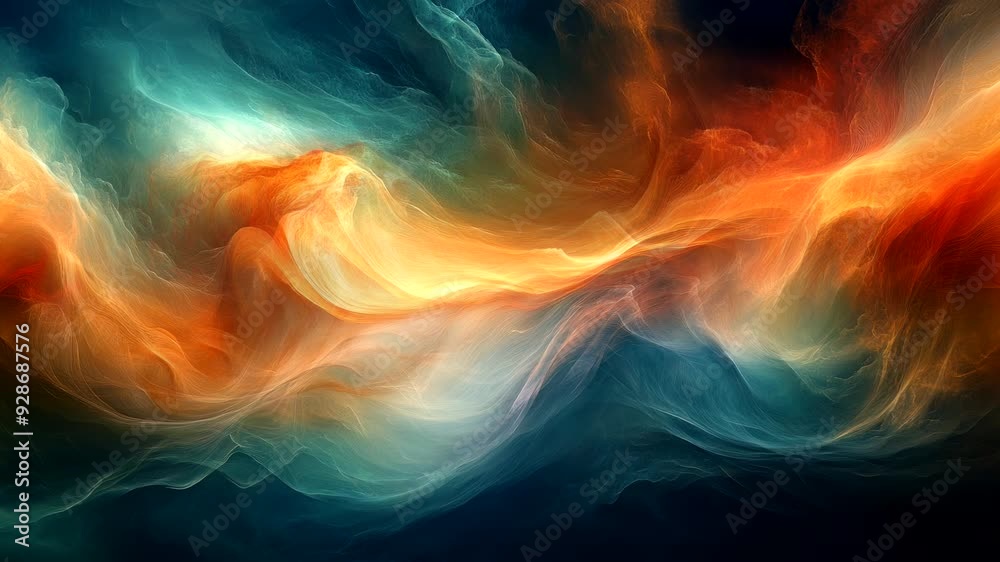 Dynamic swirl of orange and blue light waves in a dark void creating a ...